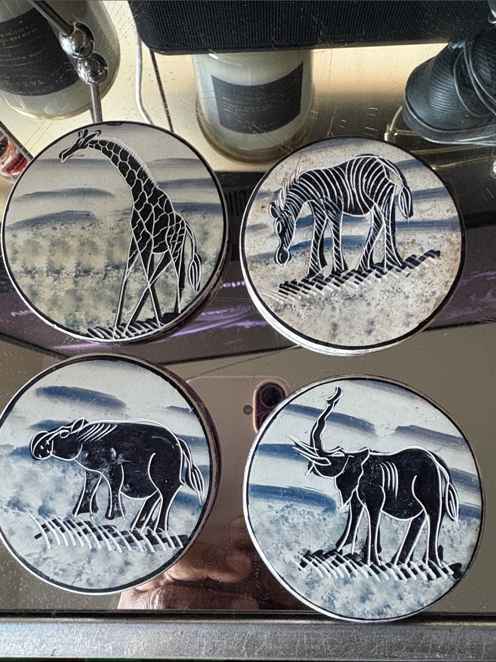 Set of 4 Safari Animal Decorative Coasters - Blue/White